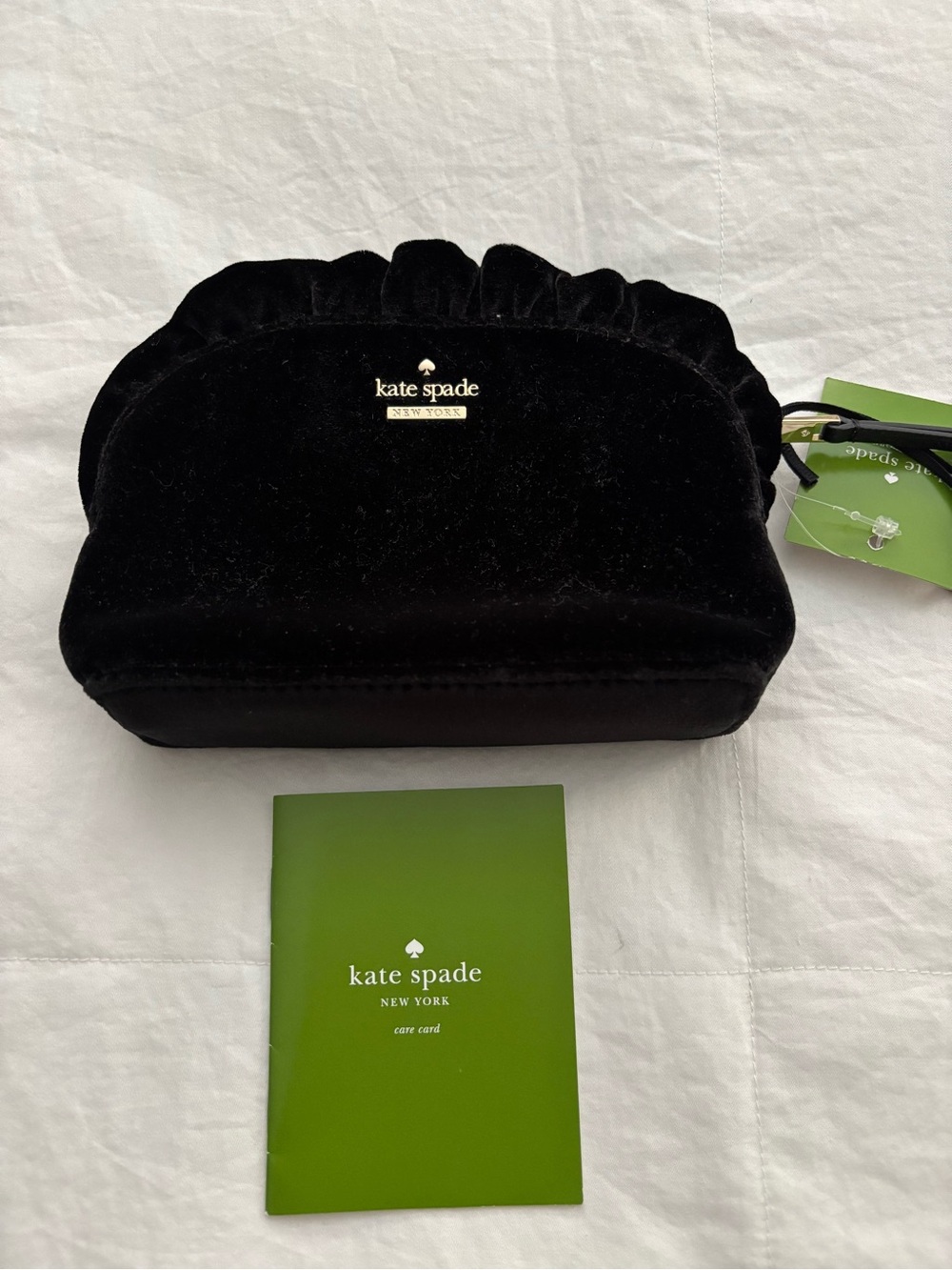 kate spade Black Velvet Ruffled Cosmetic Pouch with Gold Logo